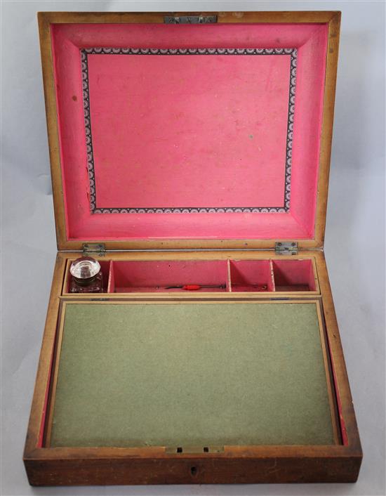 An early 19th century Tunbridgeware penwork writing slope, 12in.